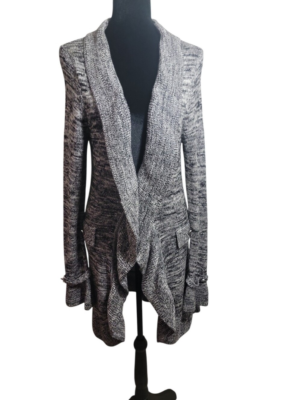 White House Black Market silver black gray drape ruffle cardigan women's M